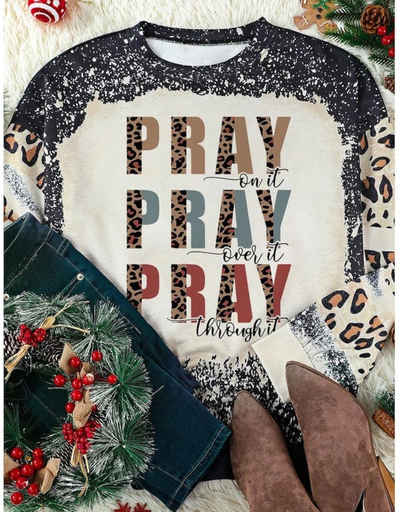 Black PRAY Letter Leopard Bleached Color Block Sweatshirt