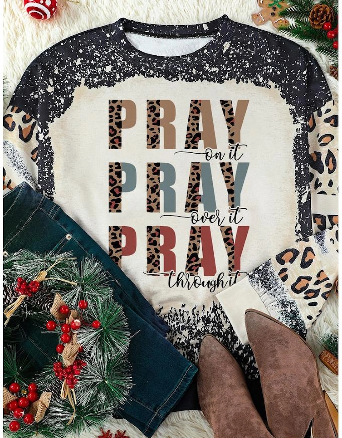 Black PRAY Letter Leopard Bleached Color Block Sweatshirt