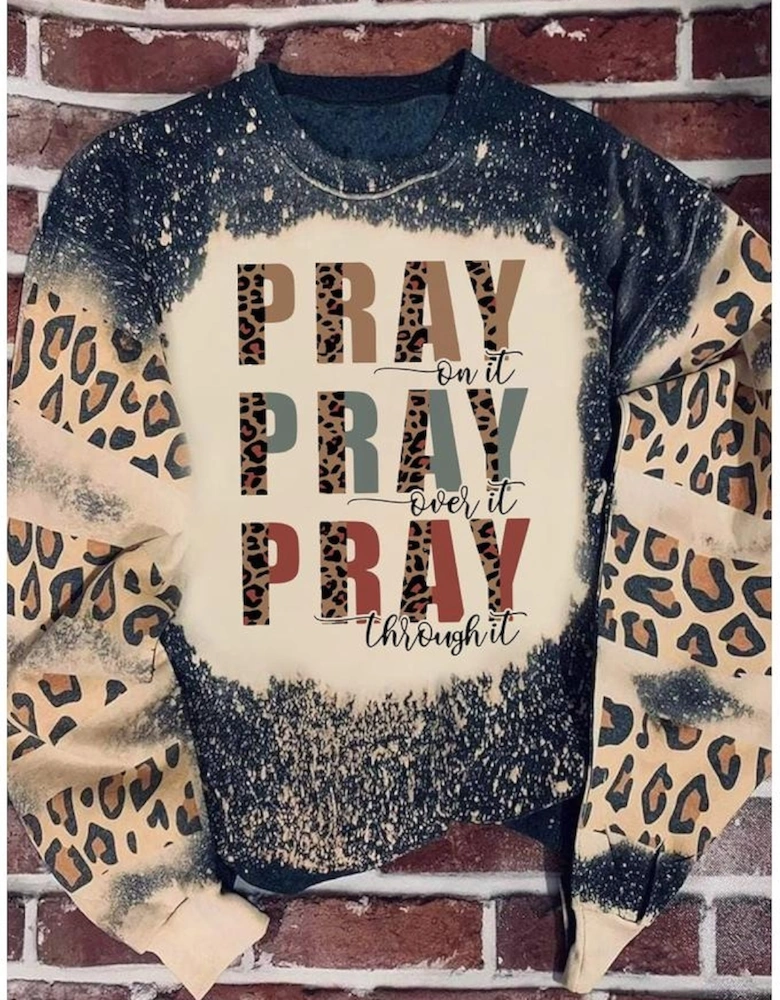 Black PRAY Letter Leopard Bleached Color Block Sweatshirt