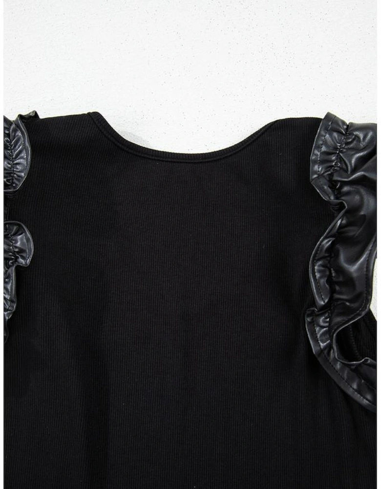Black Leatherette Ruffle Patchwork Ribbed V Neck Bodysuit