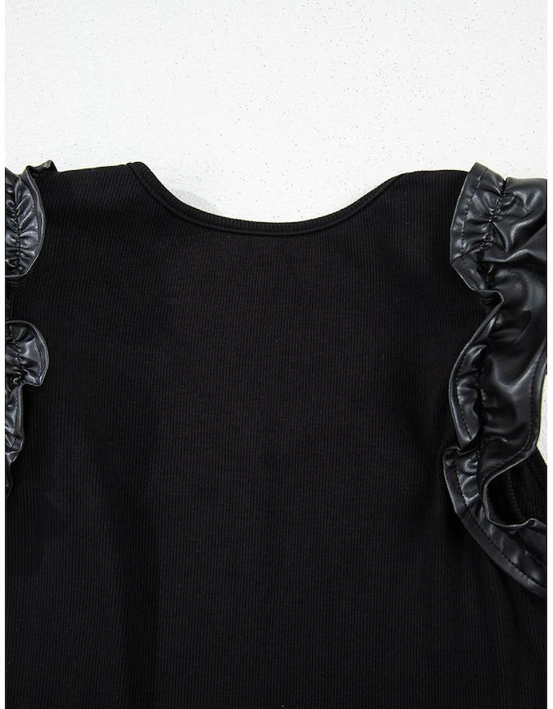 Black Leatherette Ruffle Patchwork Ribbed V Neck Bodysuit