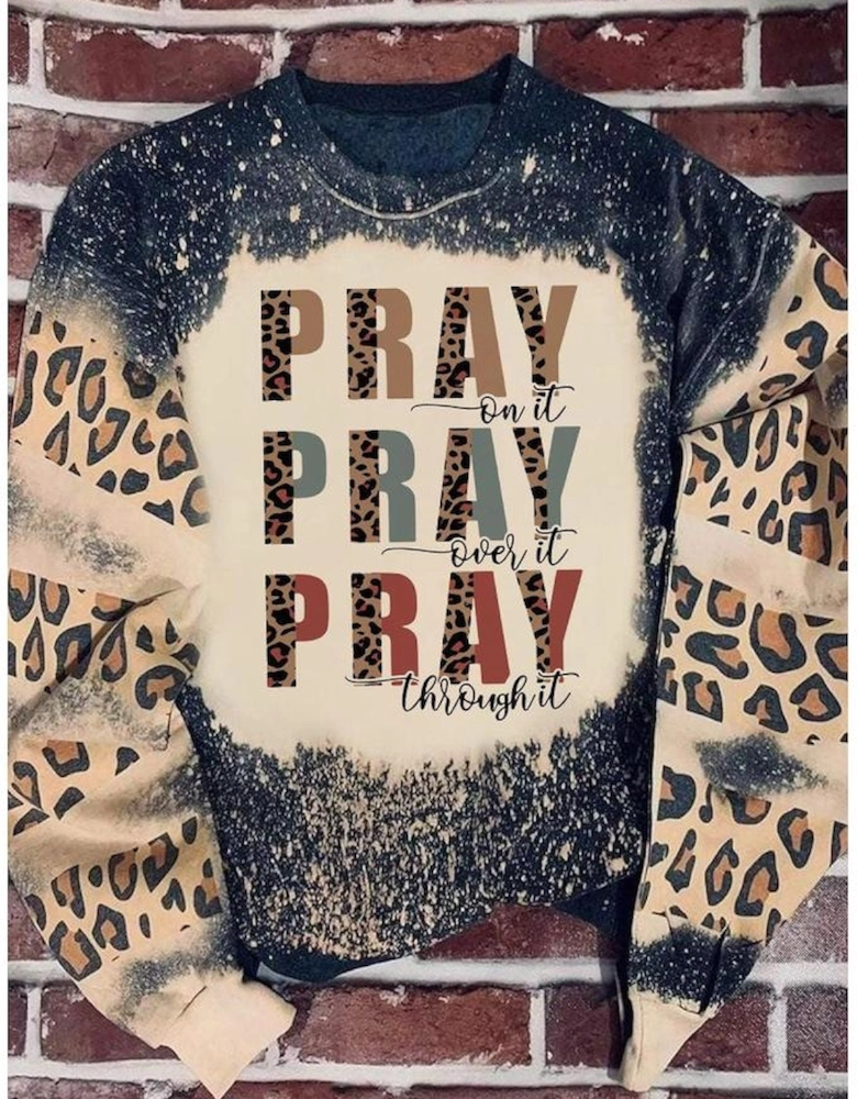 Black PRAY Letter Leopard Bleached Color Block Sweatshirt