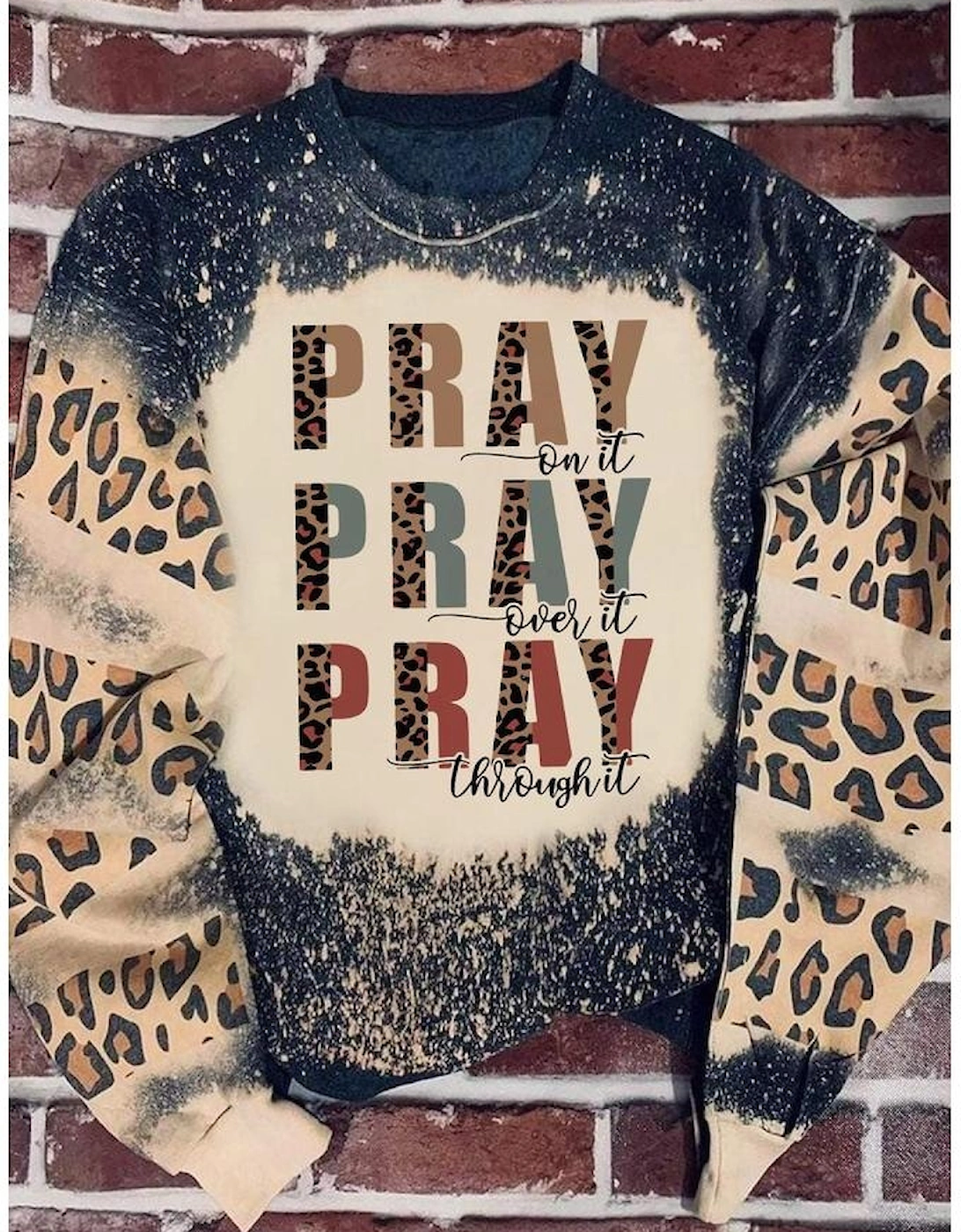 Black PRAY Letter Leopard Bleached Color Block Sweatshirt, 6 of 5