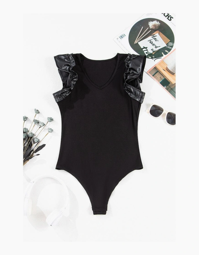 Black Leatherette Ruffle Patchwork Ribbed V Neck Bodysuit