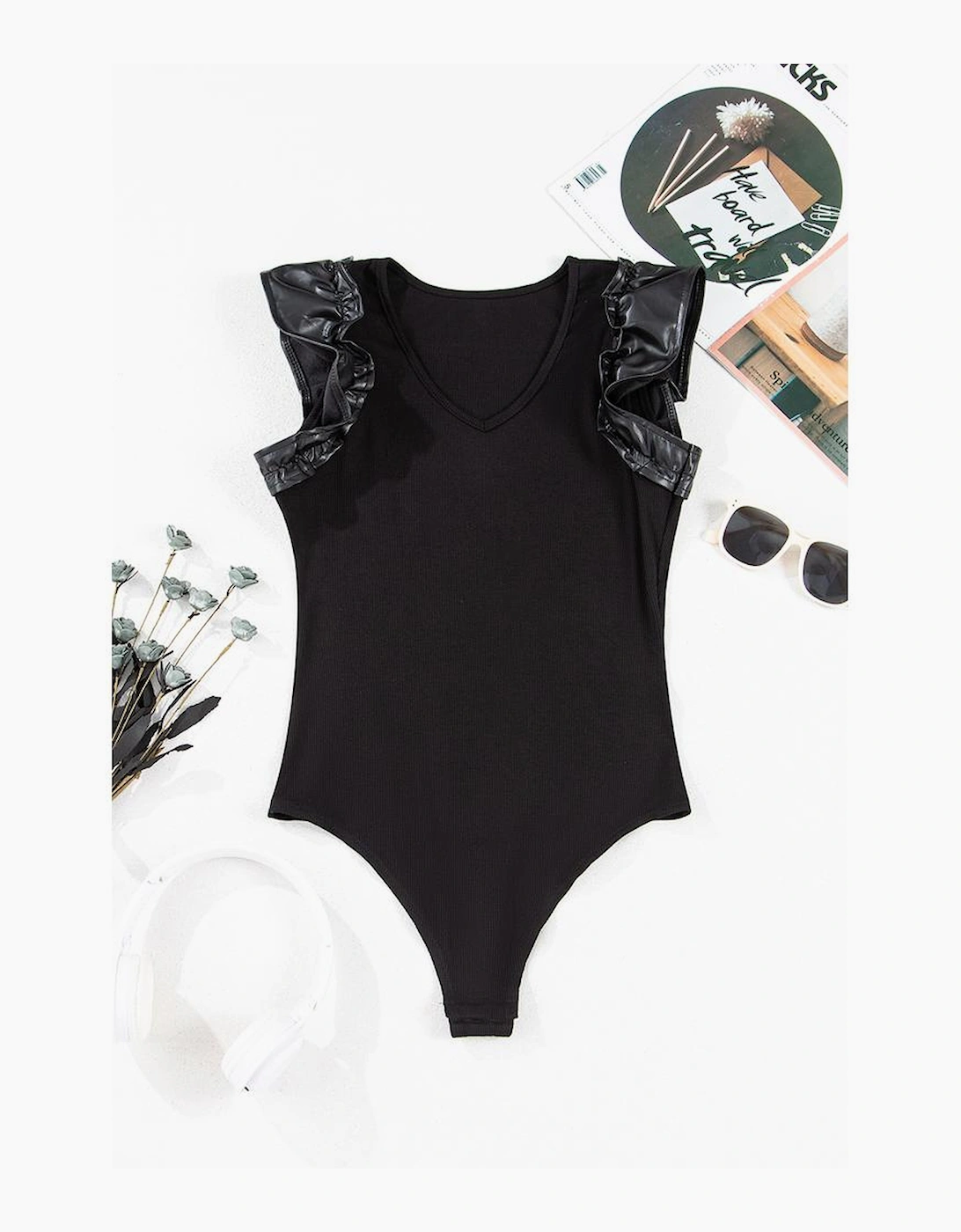 Black Leatherette Ruffle Patchwork Ribbed V Neck Bodysuit