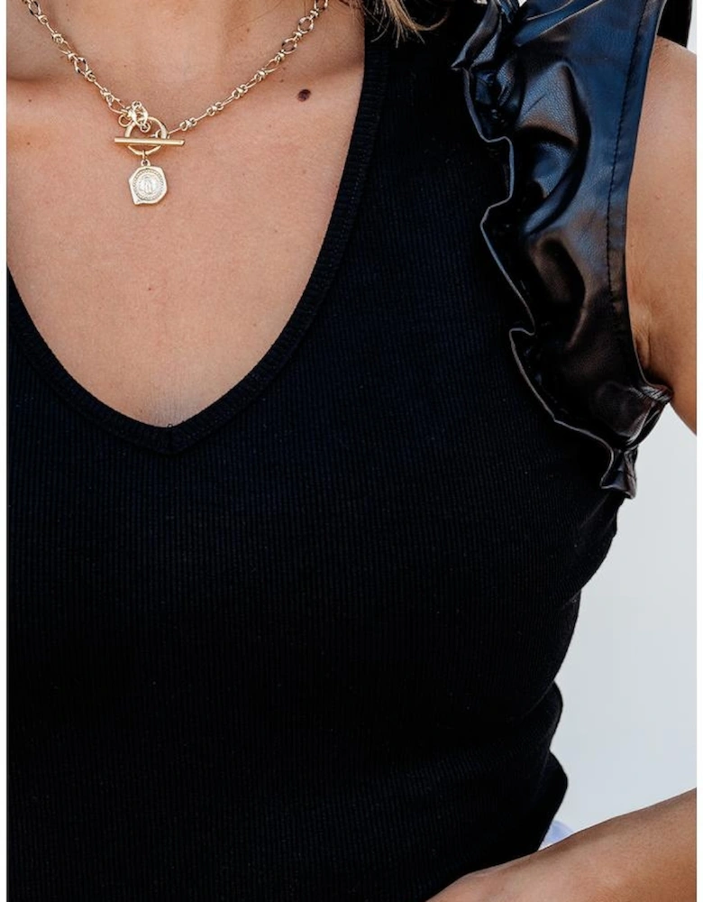 Black Leatherette Ruffle Patchwork Ribbed V Neck Bodysuit