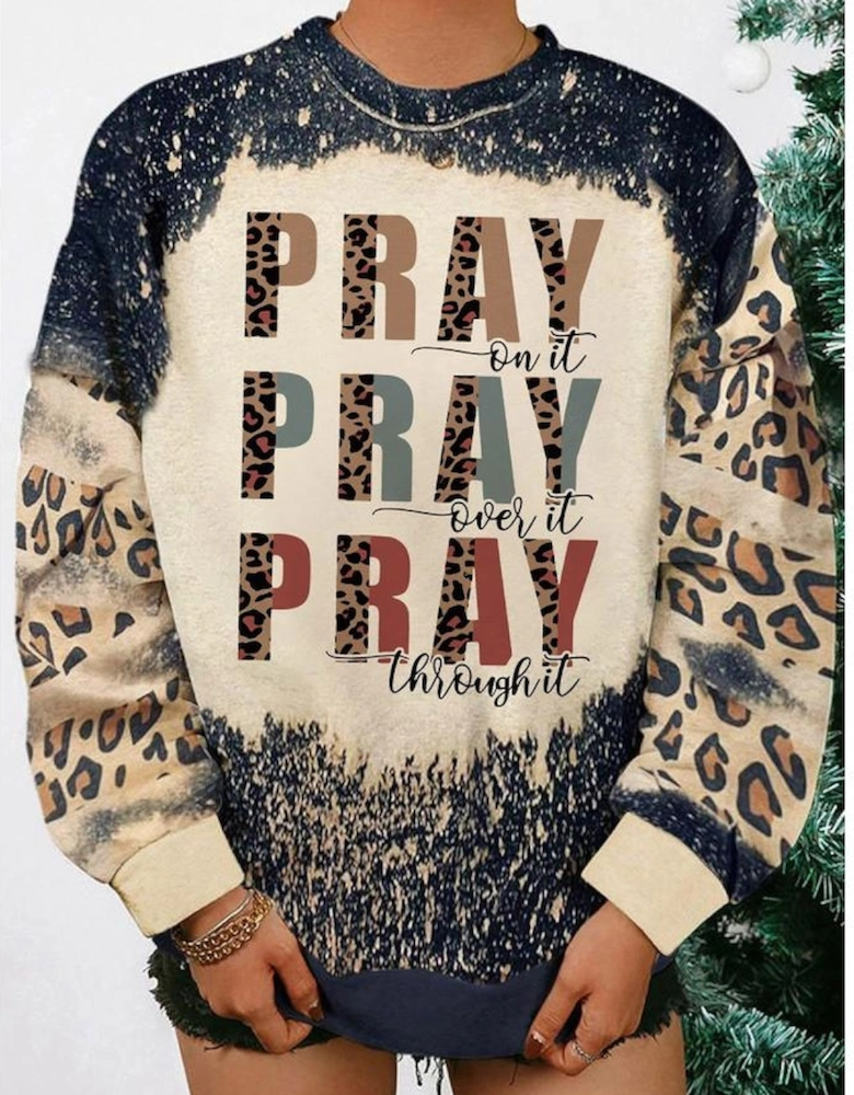 Black PRAY Letter Leopard Bleached Color Block Sweatshirt