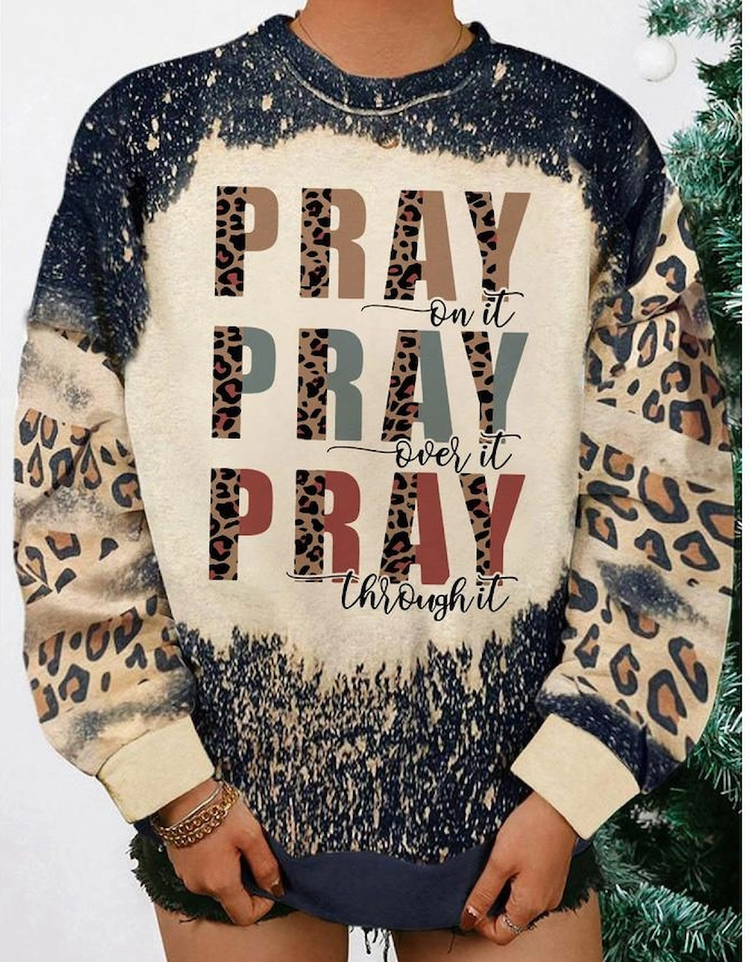 Black PRAY Letter Leopard Bleached Color Block Sweatshirt