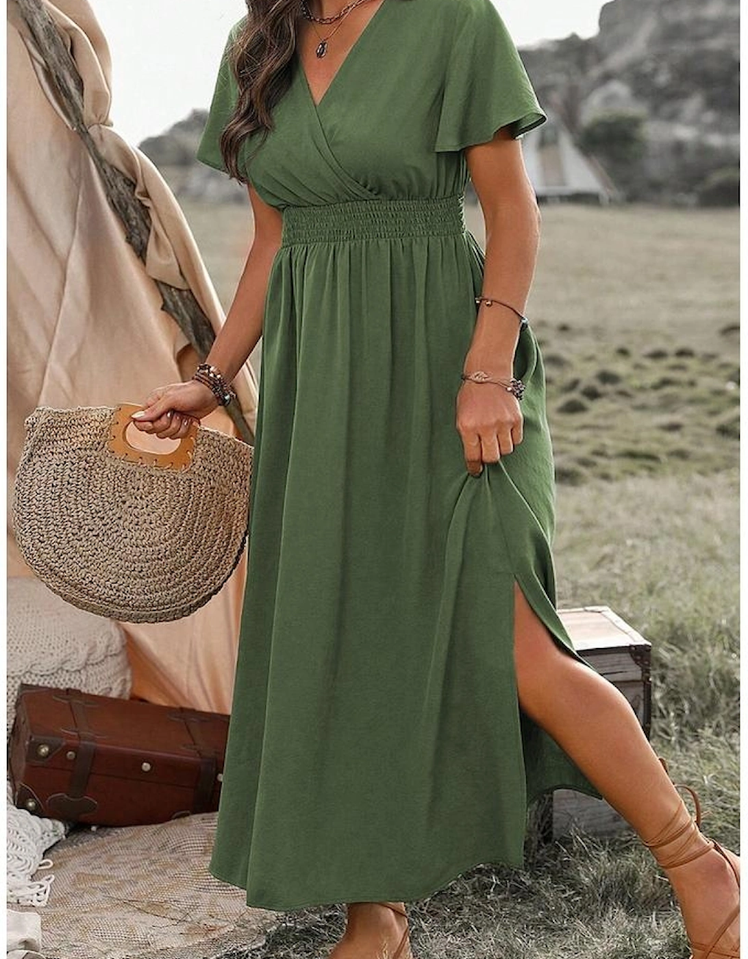 Four Leaf Clover Surplice Neckline Shirred High Waist Plus Size Maxi Dress