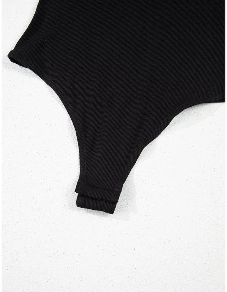 Black Leatherette Ruffle Patchwork Ribbed V Neck Bodysuit