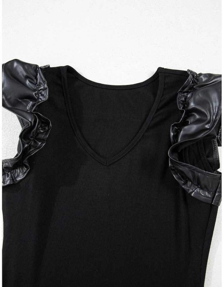 Black Leatherette Ruffle Patchwork Ribbed V Neck Bodysuit