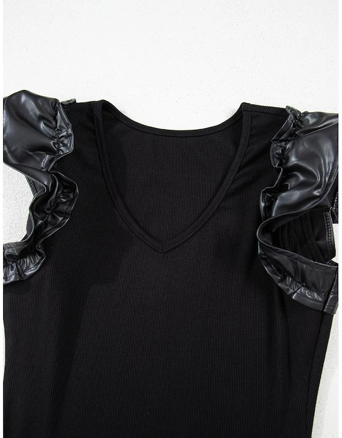 Black Leatherette Ruffle Patchwork Ribbed V Neck Bodysuit
