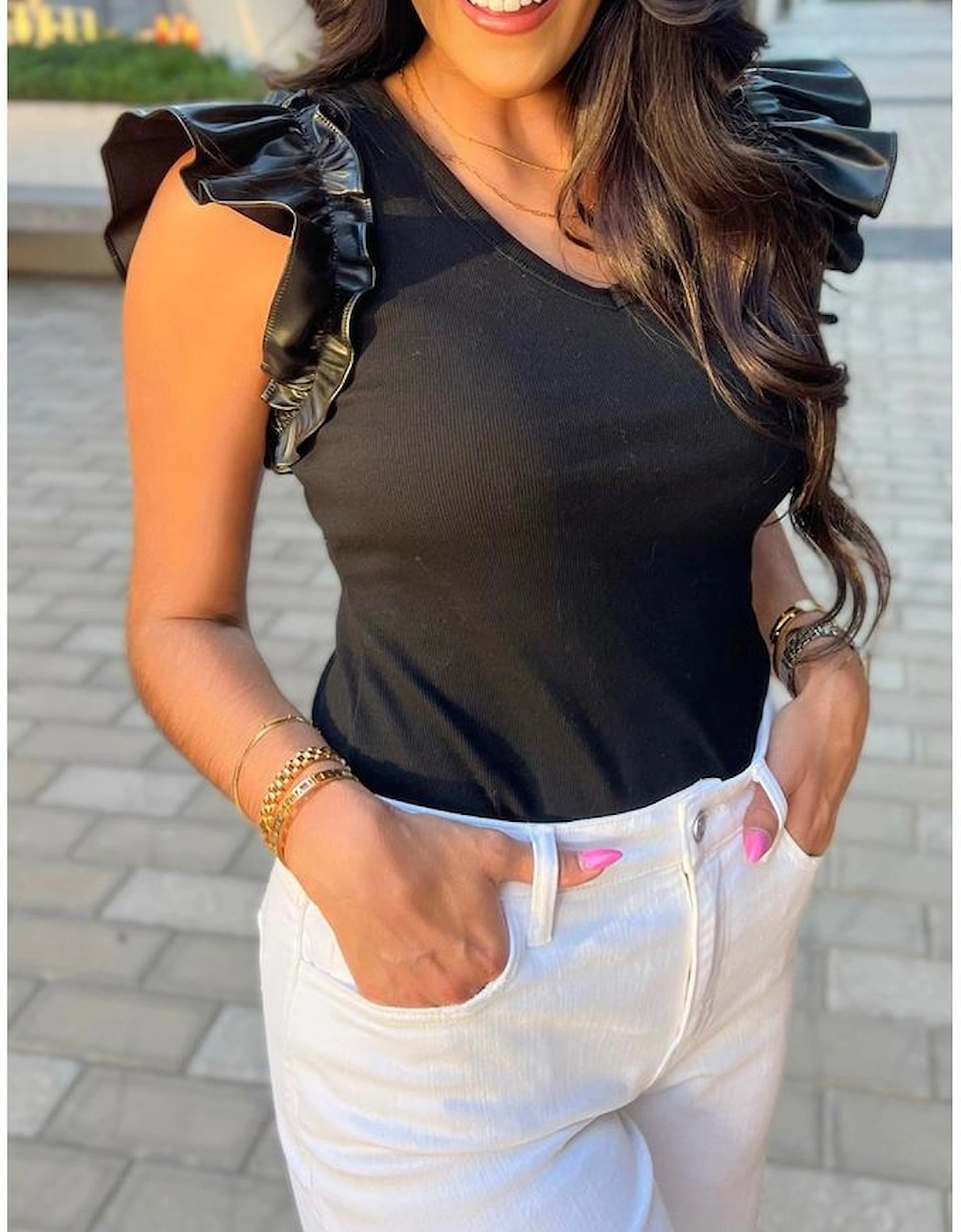 Black Leatherette Ruffle Patchwork Ribbed V Neck Bodysuit