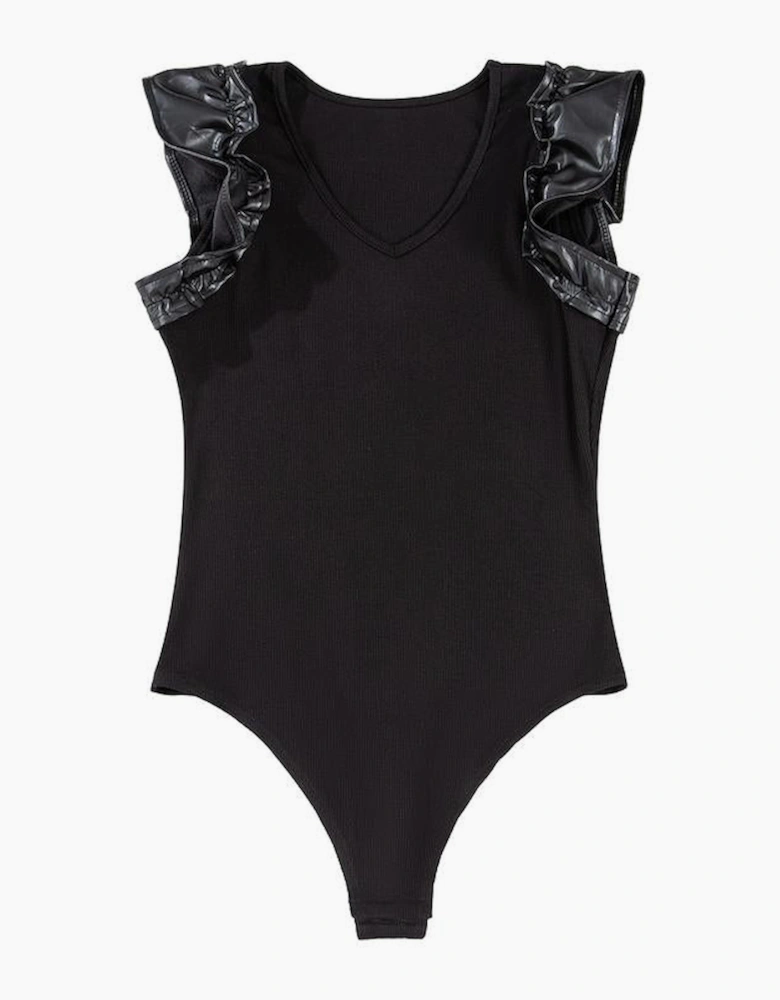 Black Leatherette Ruffle Patchwork Ribbed V Neck Bodysuit