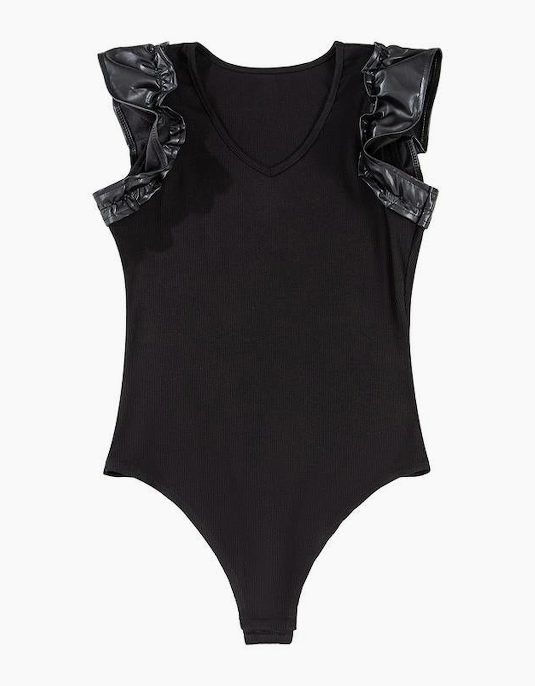 Black Leatherette Ruffle Patchwork Ribbed V Neck Bodysuit