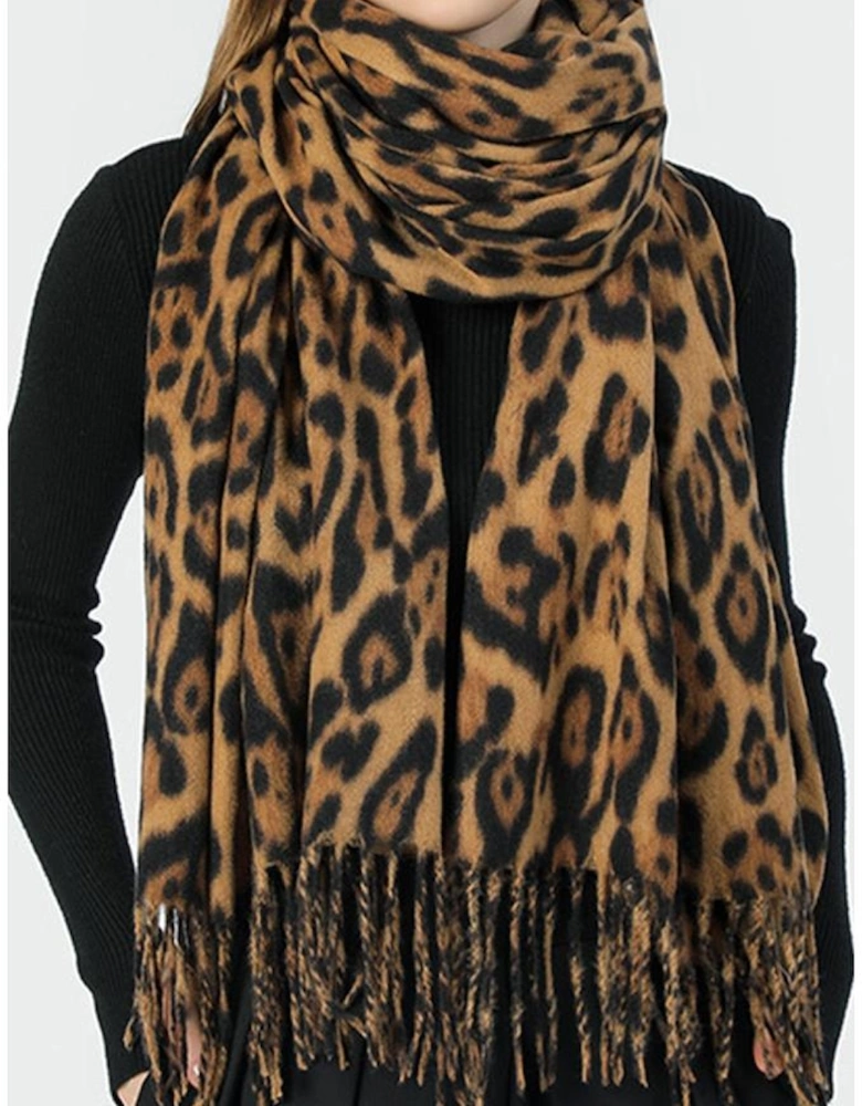 Coffee Leopard Print Fringed Warm Large Scarf