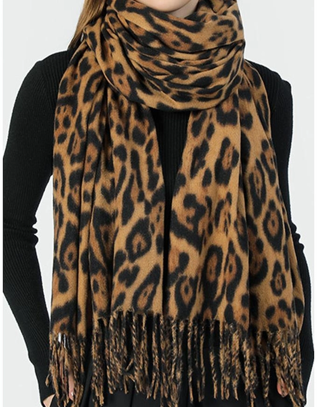 Coffee Leopard Print Fringed Warm Large Scarf
