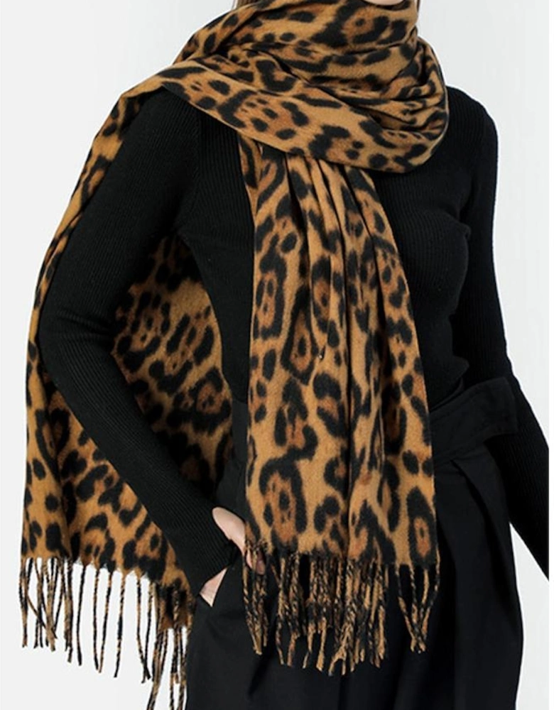 Coffee Leopard Print Fringed Warm Large Scarf