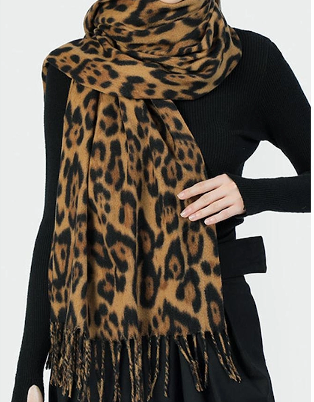 Coffee Leopard Print Fringed Warm Large Scarf