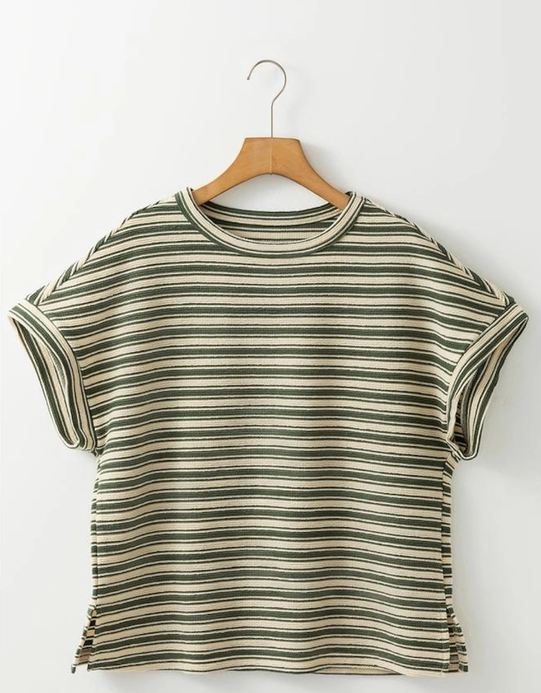 Green Stripe Textured Side Slits Crew Neck T Shirt