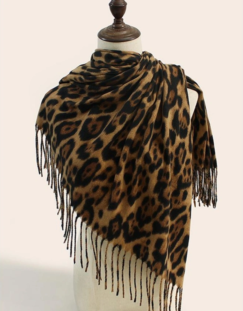 Coffee Leopard Print Fringed Warm Large Scarf