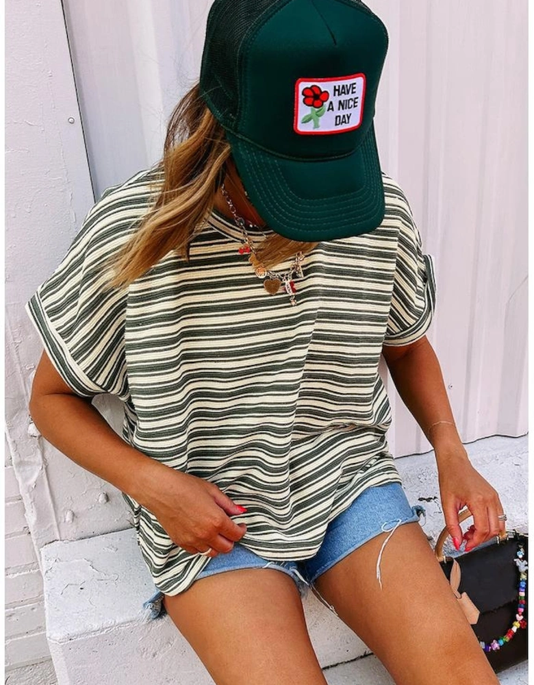 Green Stripe Textured Side Slits Crew Neck T Shirt