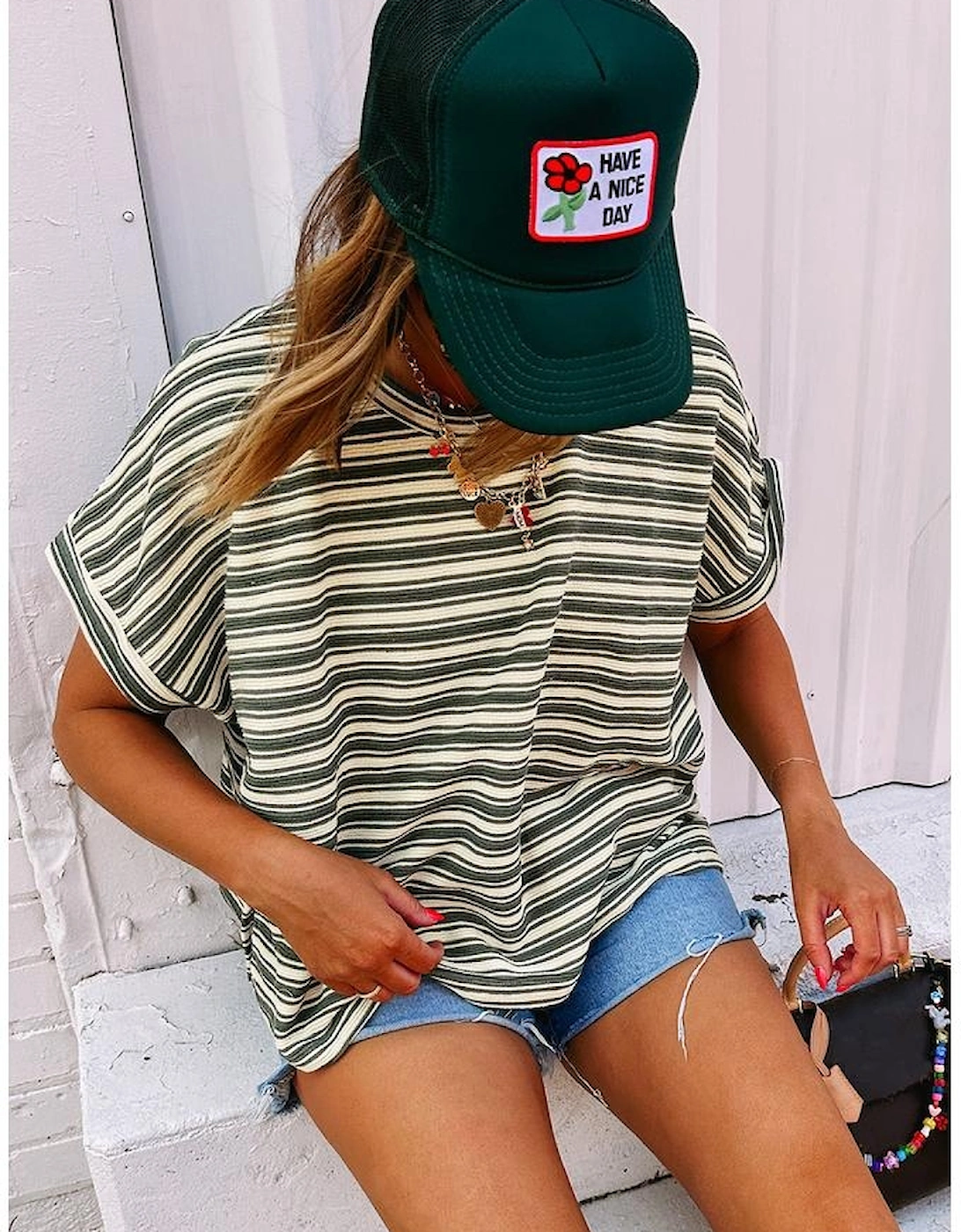 Green Stripe Textured Side Slits Crew Neck T Shirt, 12 of 11