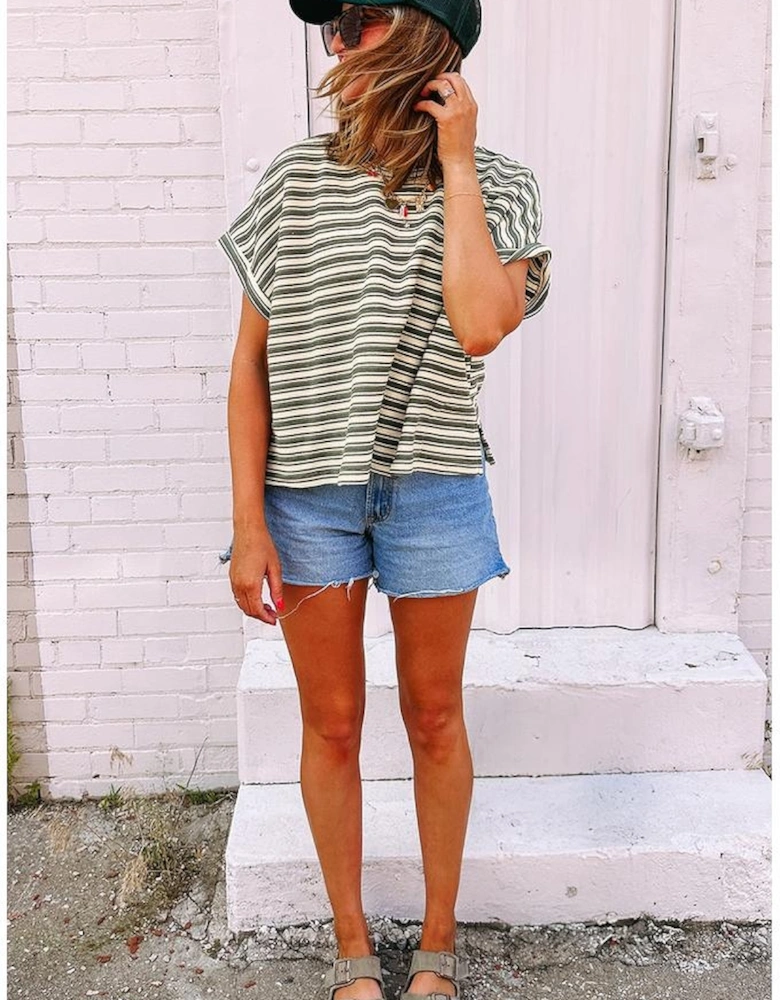 Green Stripe Textured Side Slits Crew Neck T Shirt