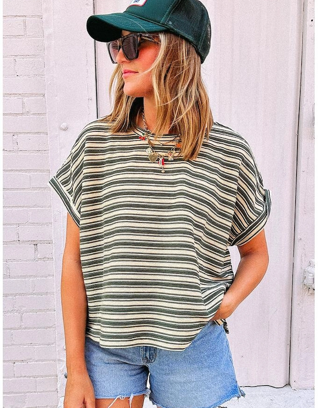 Green Stripe Textured Side Slits Crew Neck T Shirt