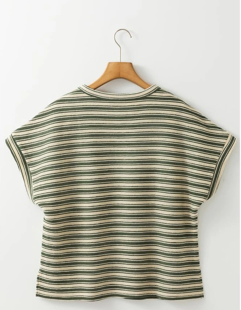 Green Stripe Textured Side Slits Crew Neck T Shirt