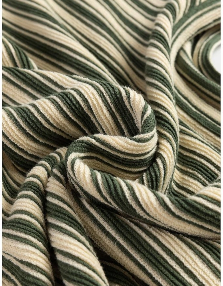 Green Stripe Textured Side Slits Crew Neck T Shirt