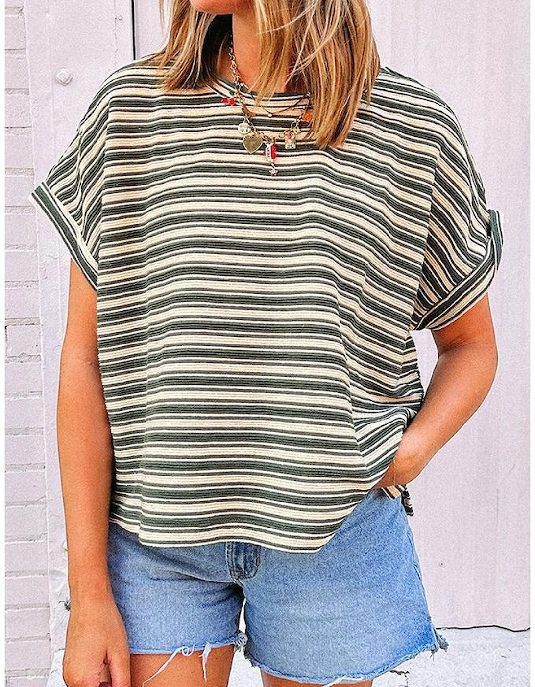Green Stripe Textured Side Slits Crew Neck T Shirt