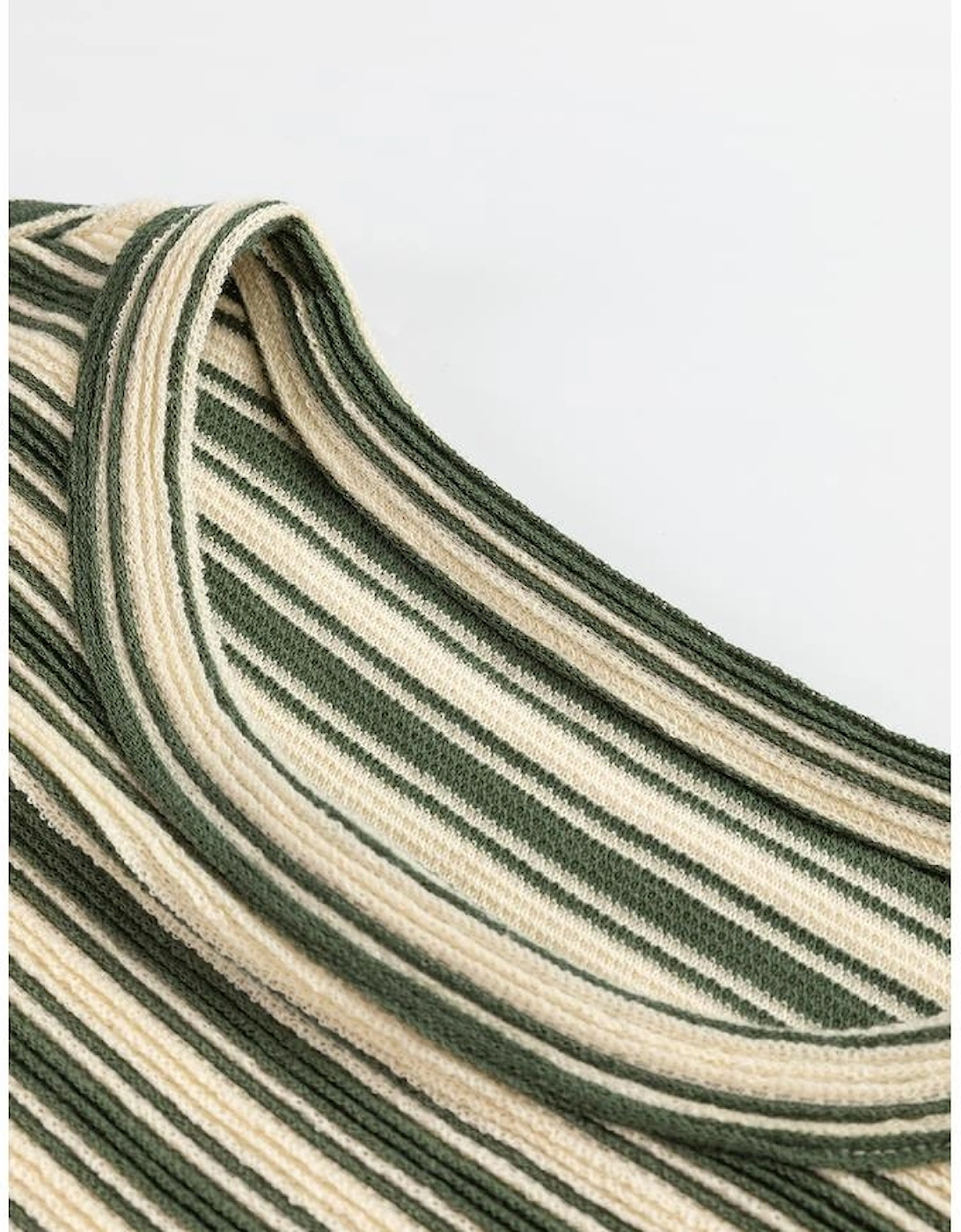 Green Stripe Textured Side Slits Crew Neck T Shirt