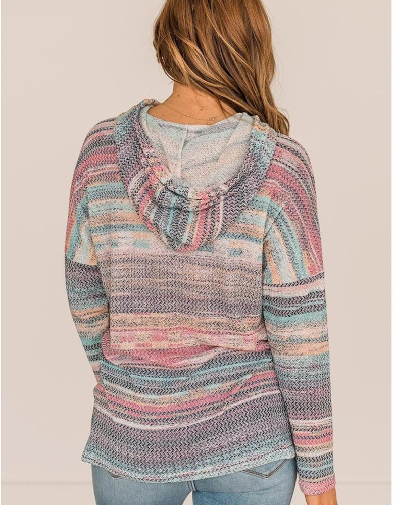Multicolor Striped Print Cable Knit Drop Shoulder Hoodie