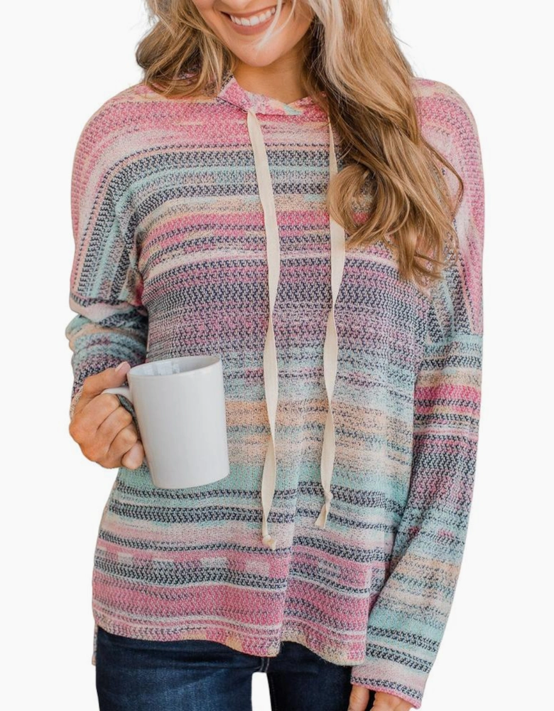 Multicolor Striped Print Cable Knit Drop Shoulder Hoodie
