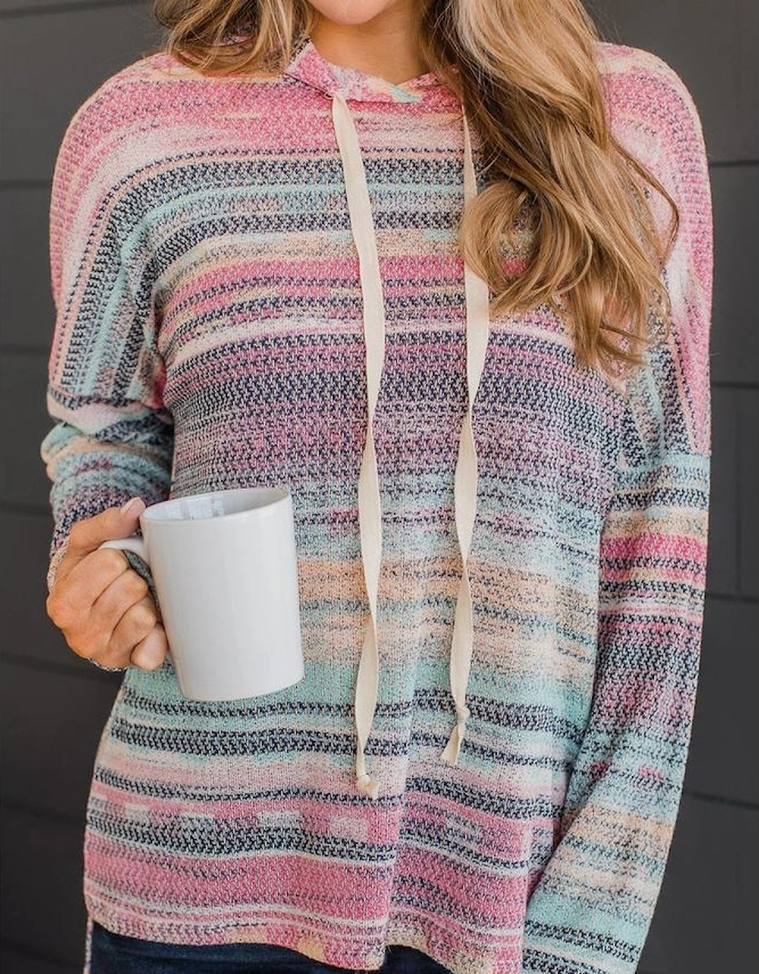 Multicolor Striped Print Cable Knit Drop Shoulder Hoodie