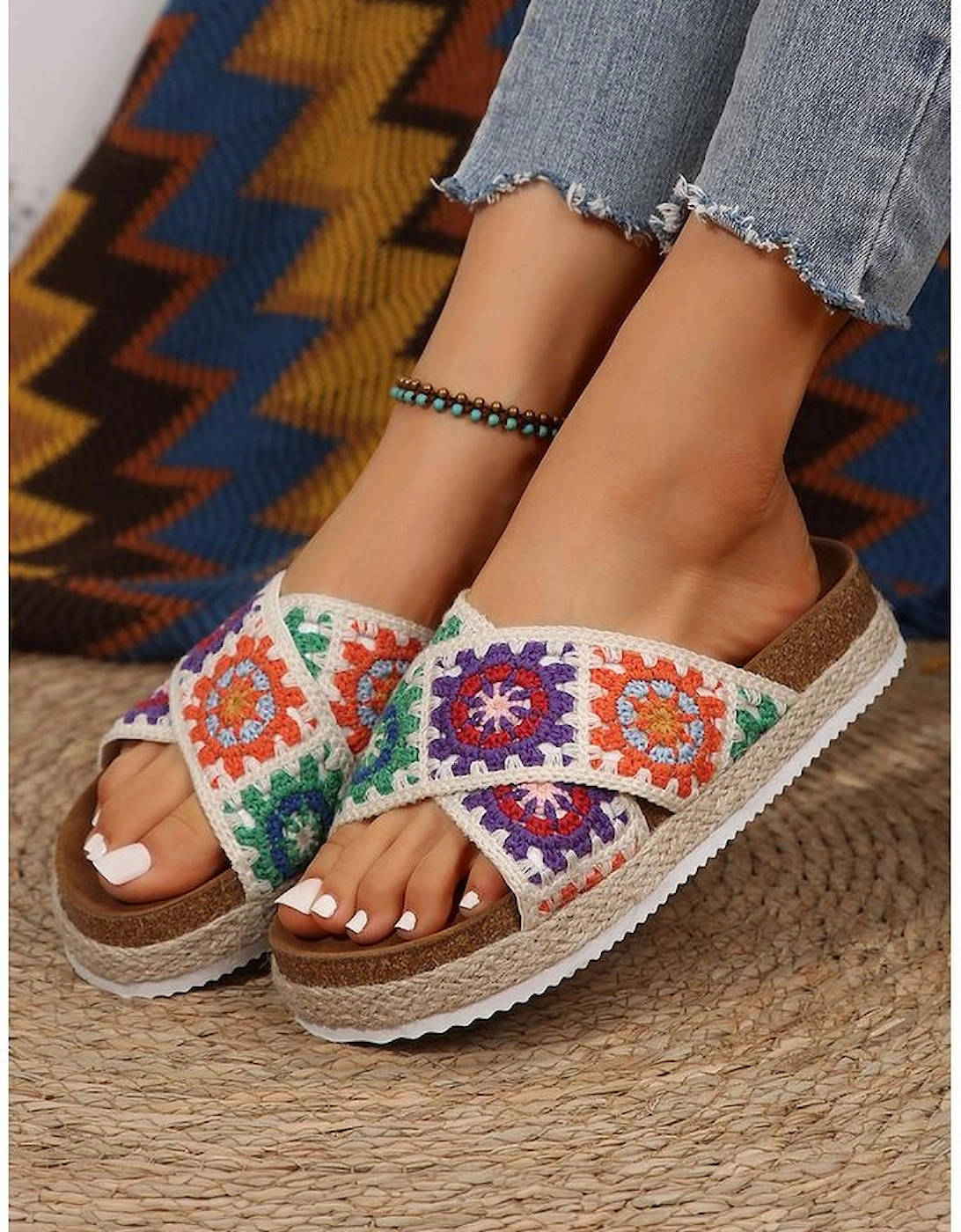 Tillandsia Purple Geometric Woven Crisscross Strap Platform Slippers