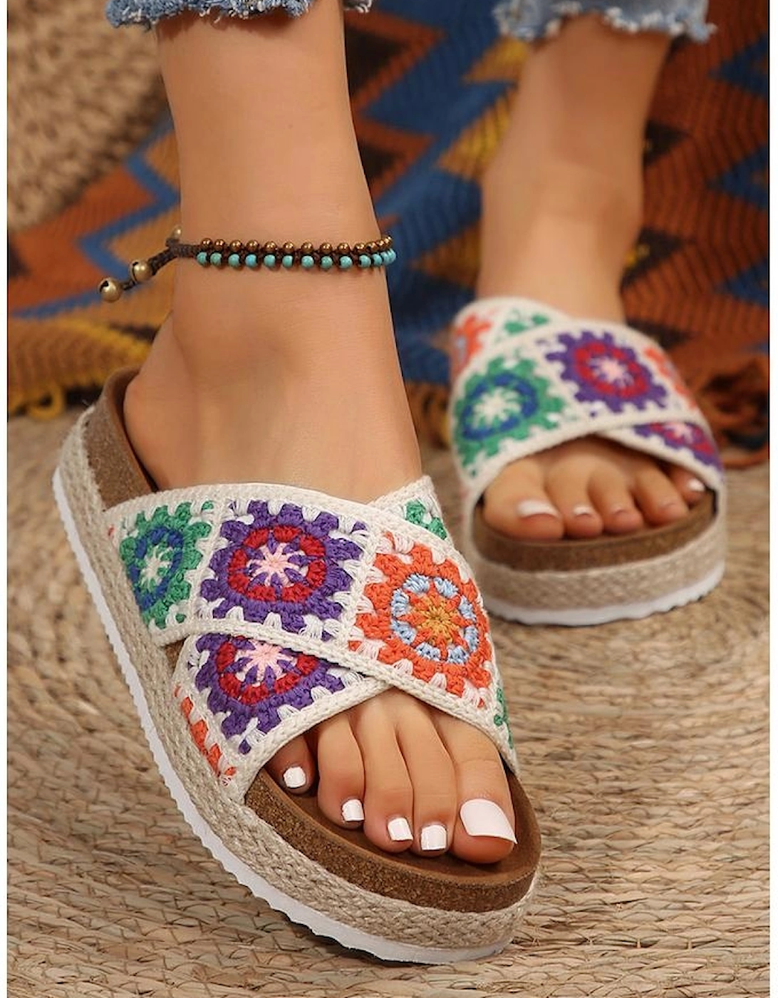 Tillandsia Purple Geometric Woven Crisscross Strap Platform Slippers