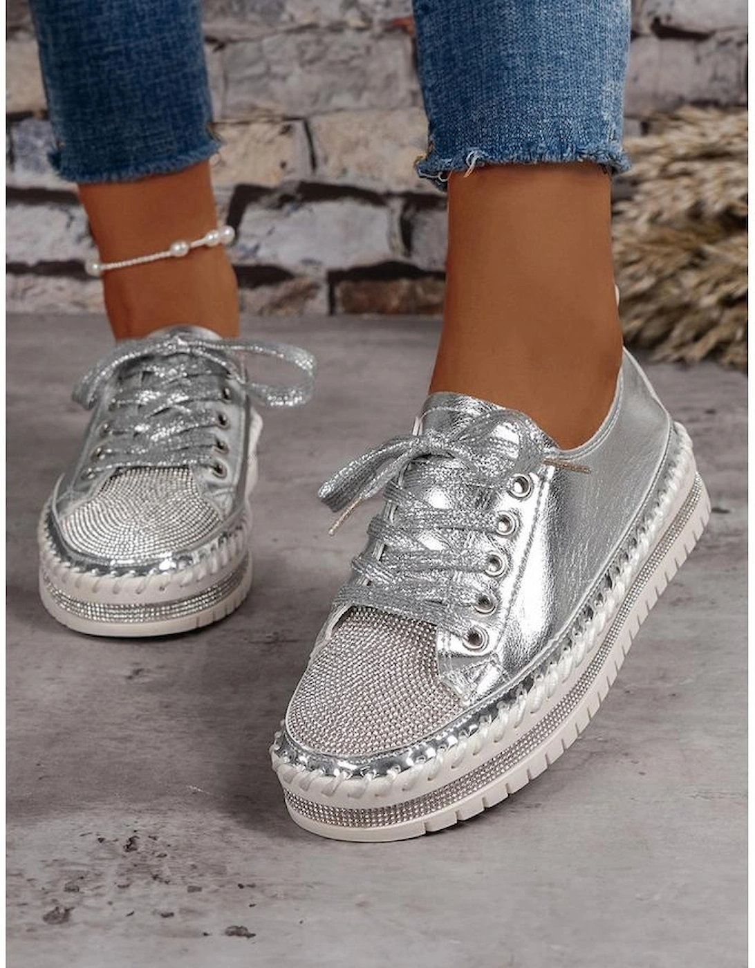 Silvery Rhinestone Metallic Sheen Lace-up Flat Shoes