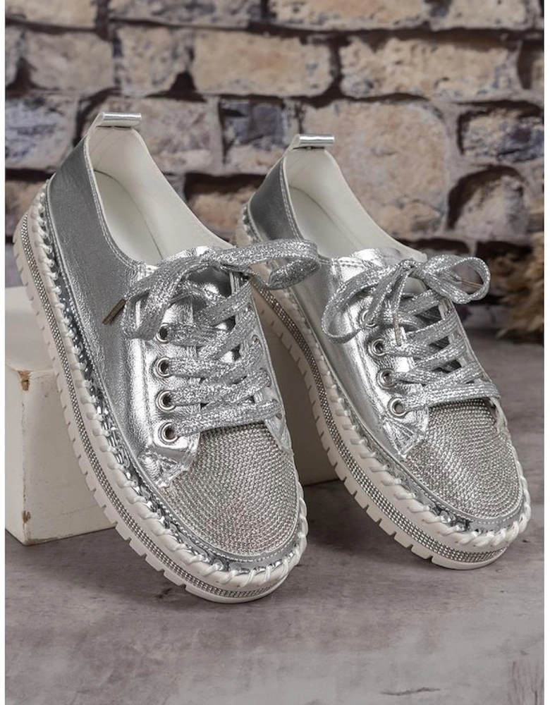 Silvery Rhinestone Metallic Sheen Lace-up Flat Shoes