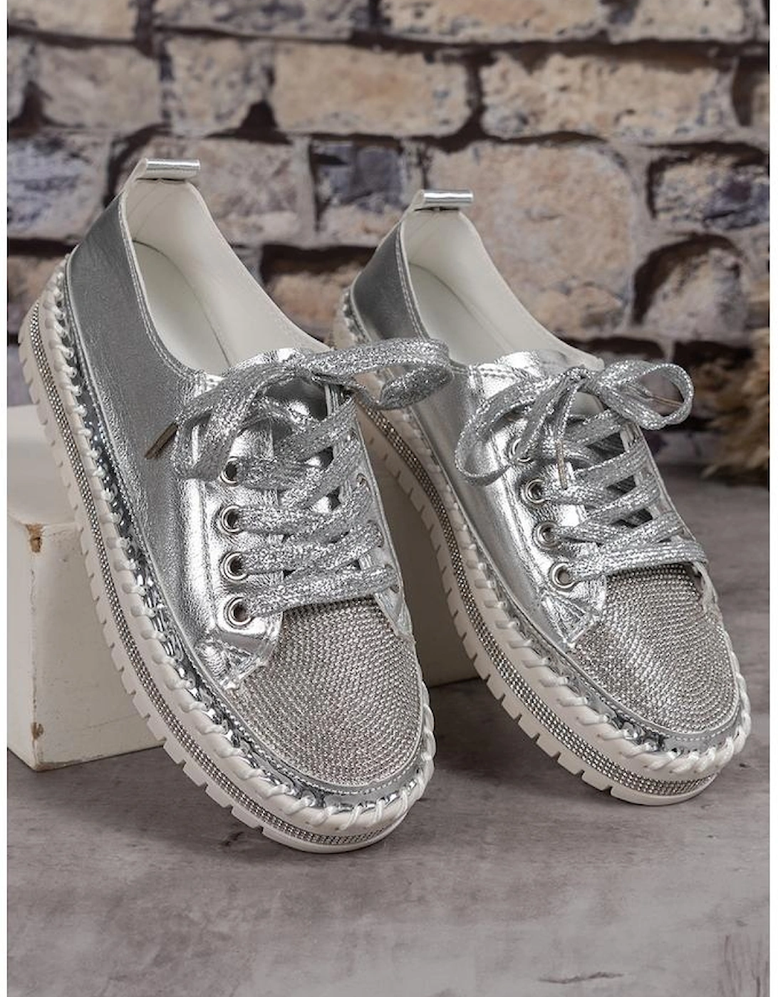 Silvery Rhinestone Metallic Sheen Lace-up Flat Shoes, 5 of 4