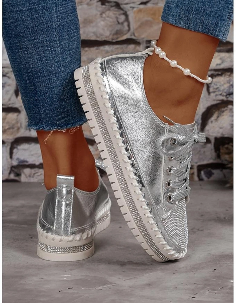 Silvery Rhinestone Metallic Sheen Lace-up Flat Shoes