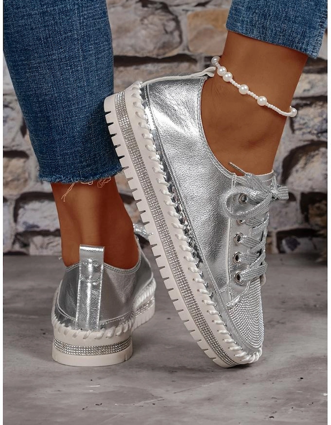 Silvery Rhinestone Metallic Sheen Lace-up Flat Shoes