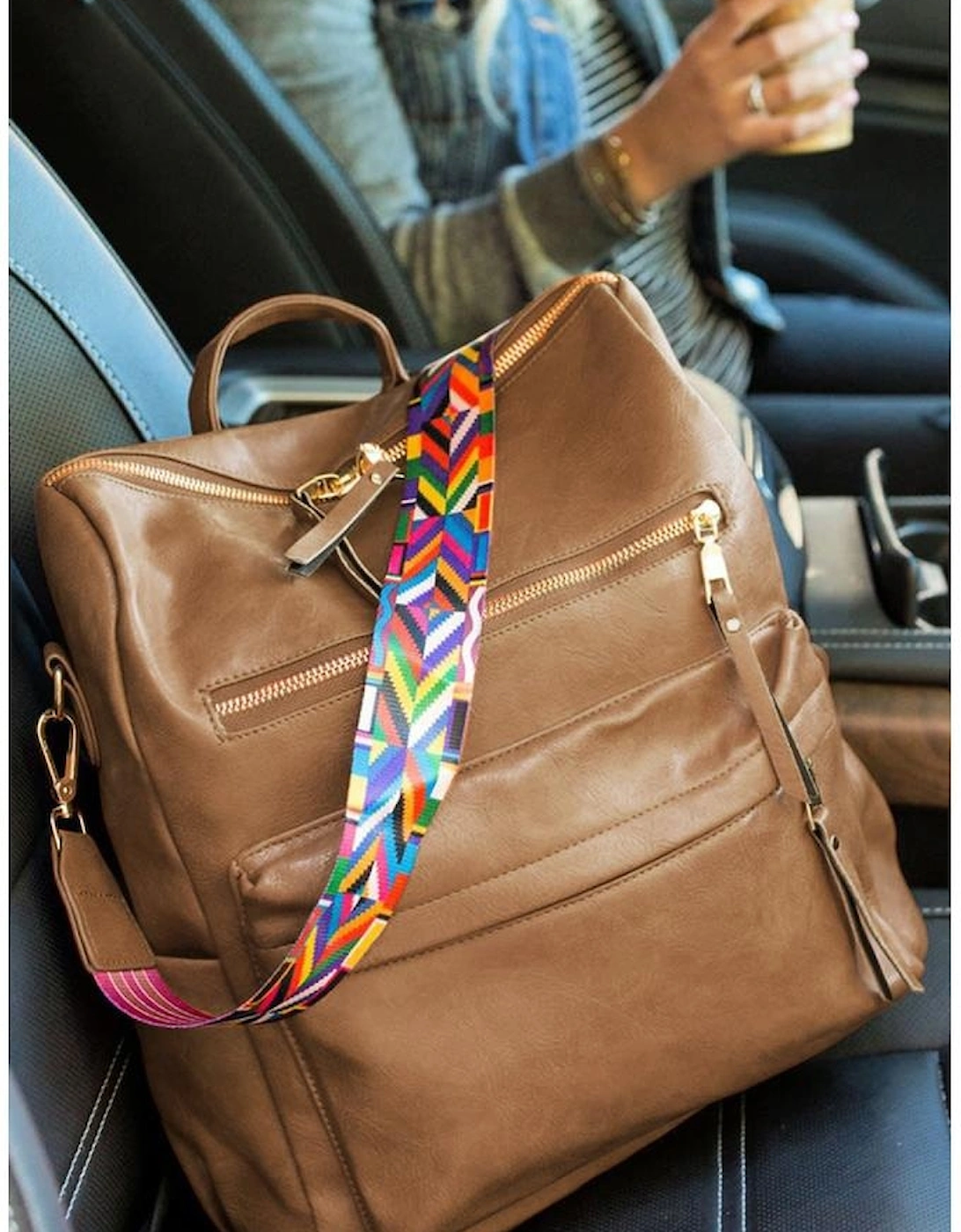 Chestnut Geometric Crochet Strap PU Leather Large Backpack