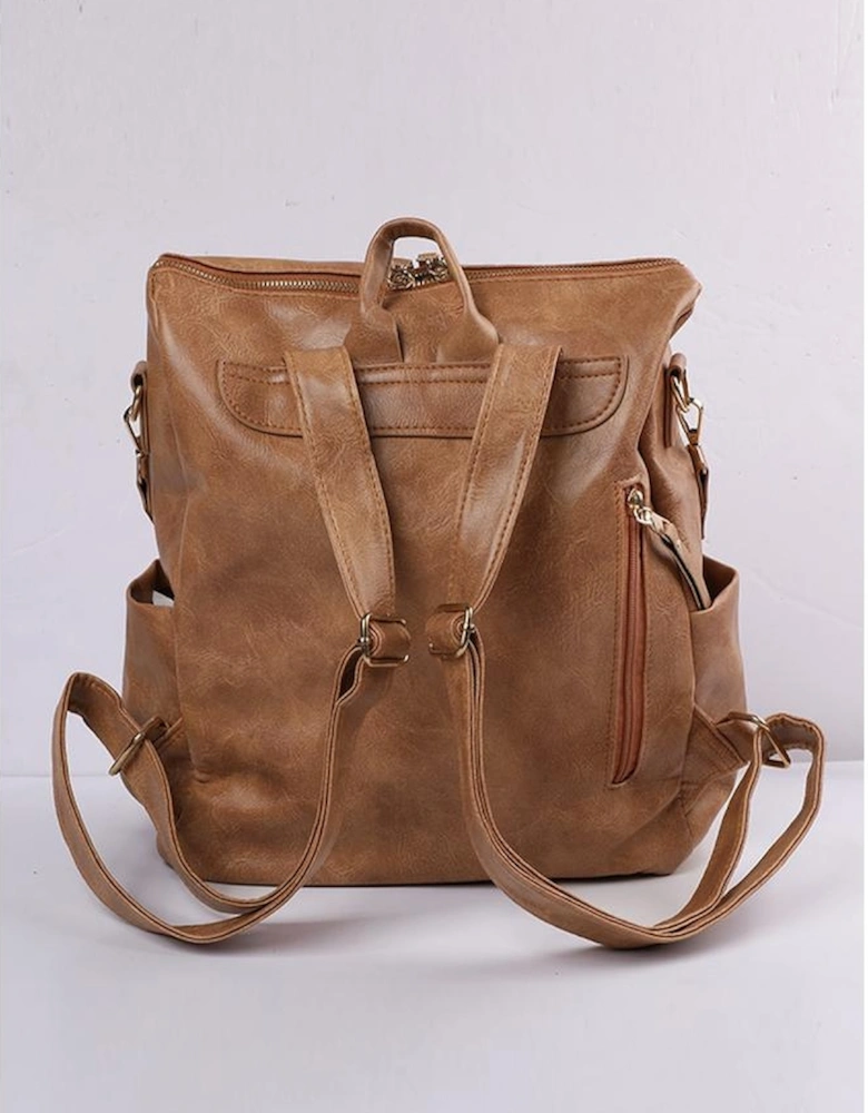 Chestnut Geometric Crochet Strap PU Leather Large Backpack