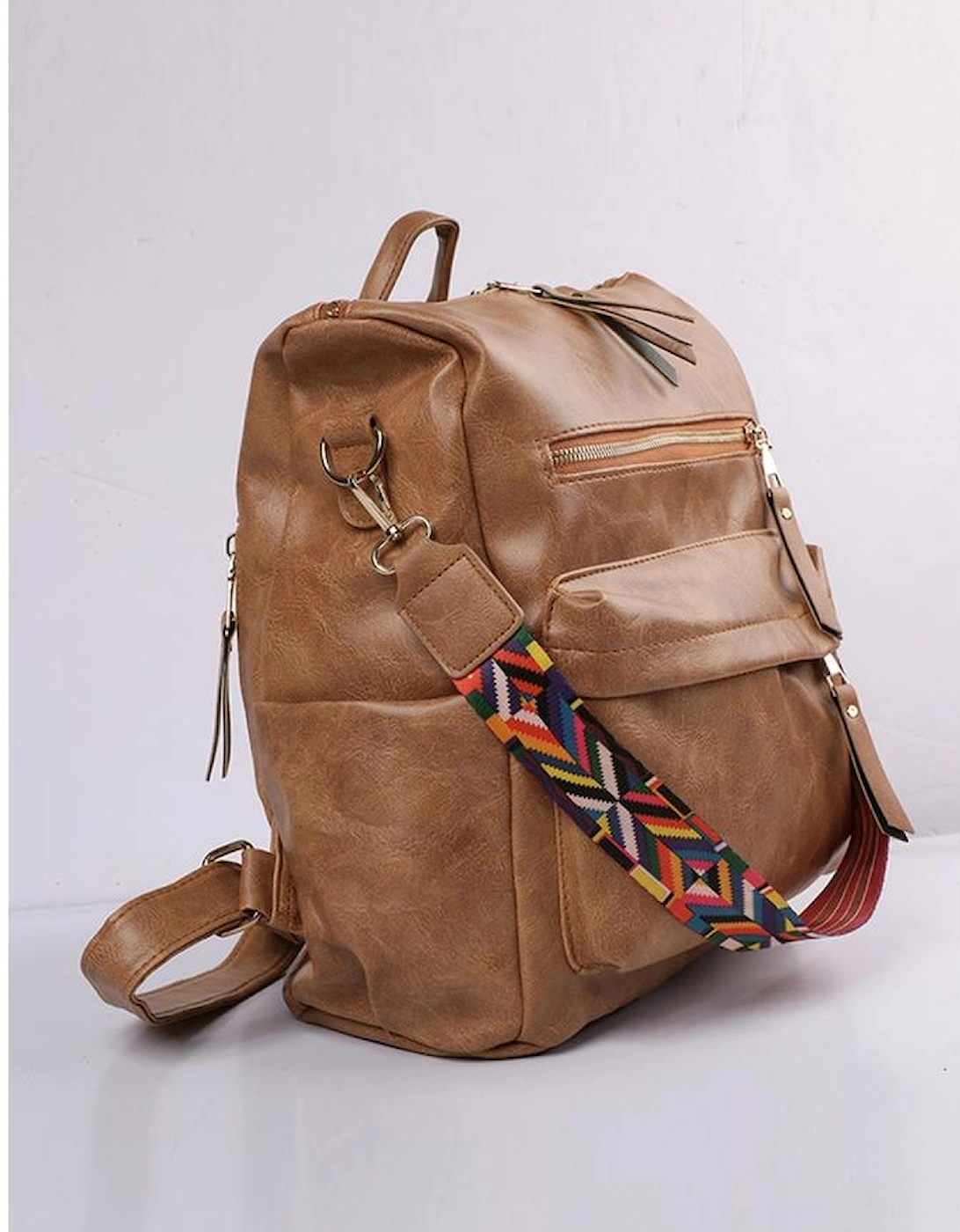 Chestnut Geometric Crochet Strap PU Leather Large Backpack