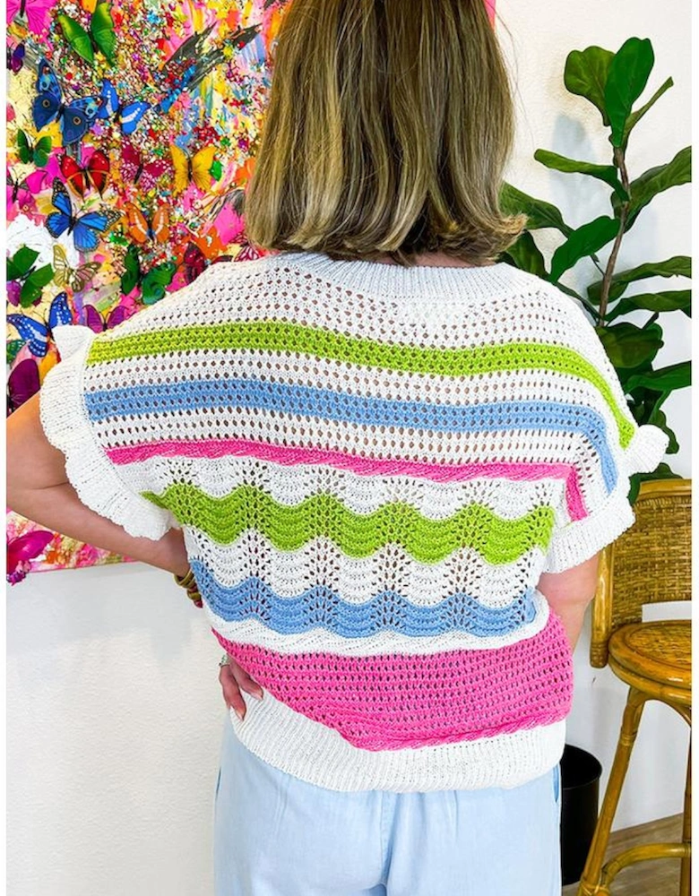 White Colorblock Crochet Knit Ruffled Short Sleeve Sweater Top