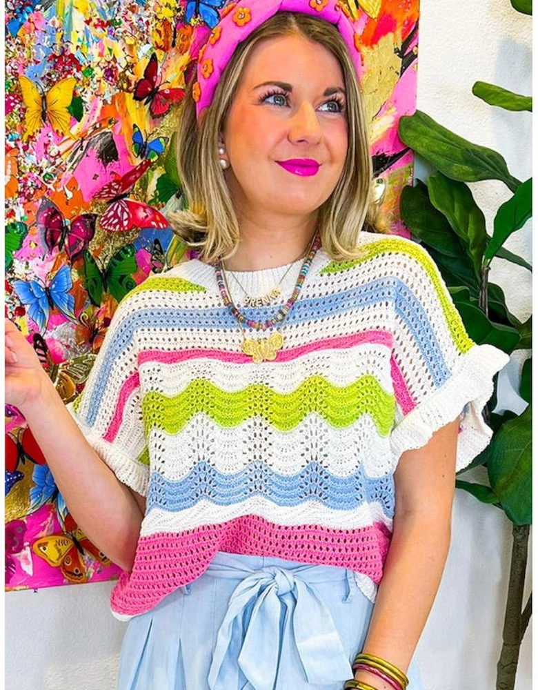 White Colorblock Crochet Knit Ruffled Short Sleeve Sweater Top