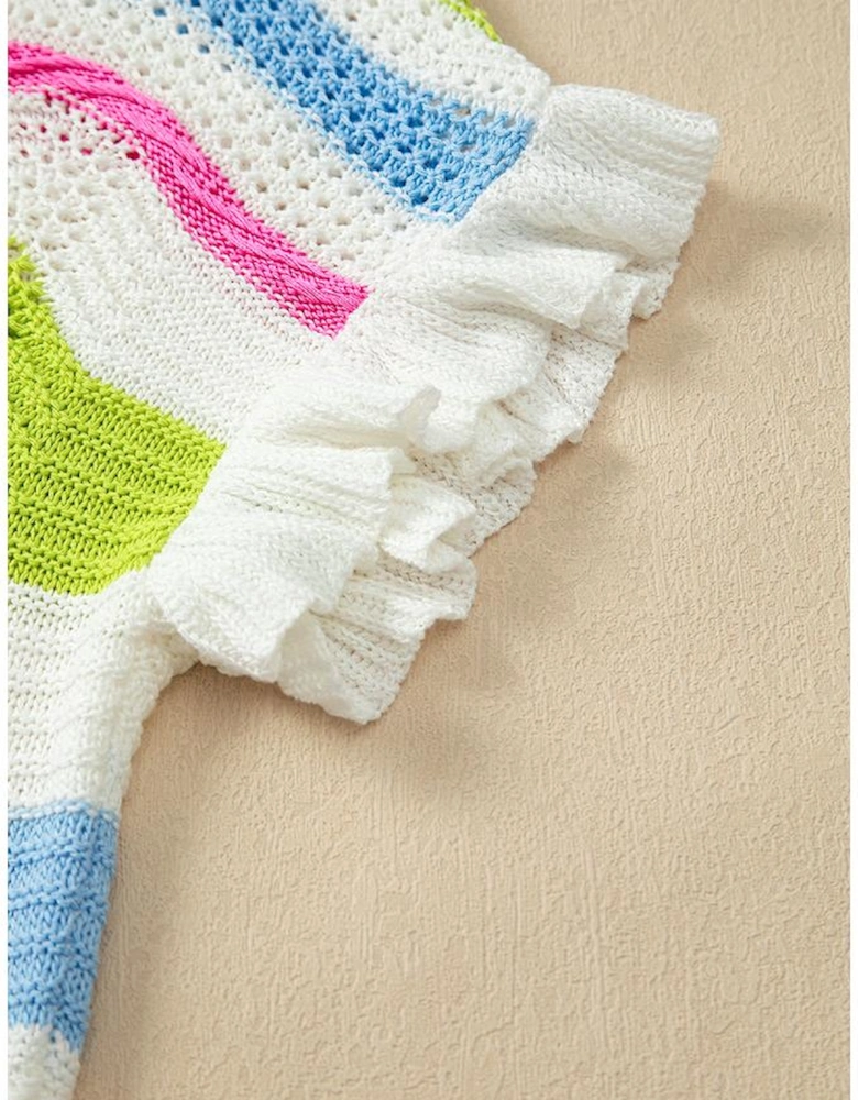 White Colorblock Crochet Knit Ruffled Short Sleeve Sweater Top