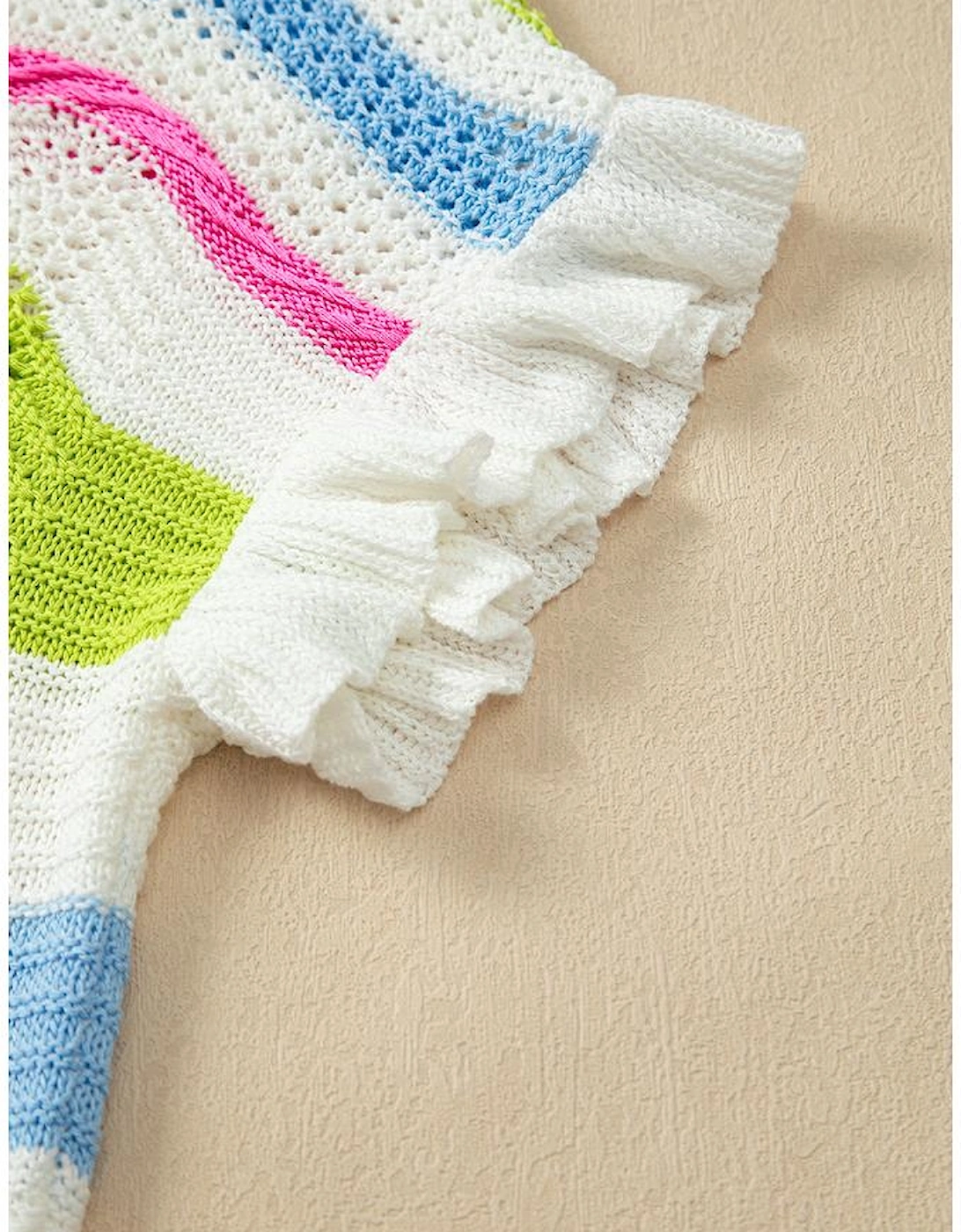 White Colorblock Crochet Knit Ruffled Short Sleeve Sweater Top